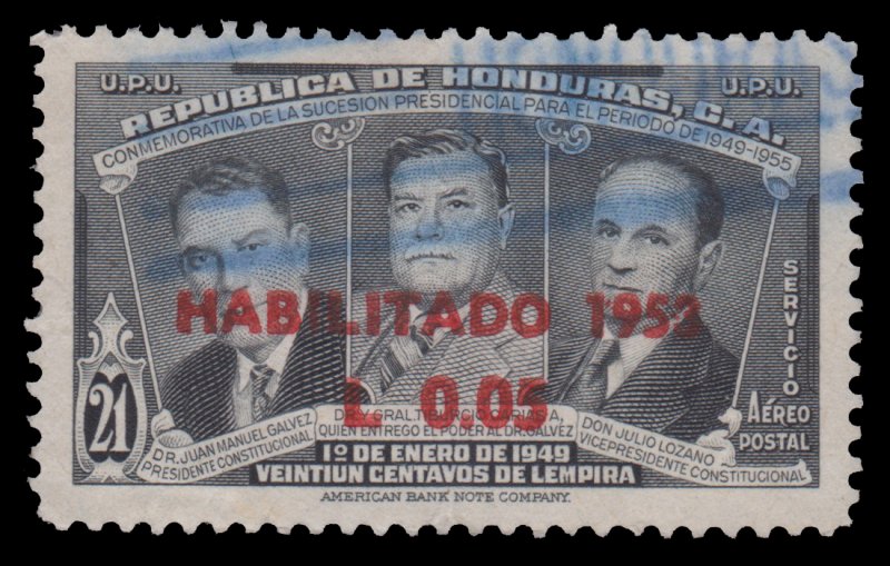 HONDURAS 1953 AIRMAIL STAMP. SCOTT: C206. USED.