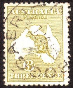 1915 Australia, 3 p, Used, Kangaroo and Map, Sc 47, Sg 37