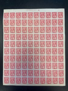 Canada #90a Extra Fine Never Hinged Plate #14 Full Sheet Of 100 - Hinged At 100