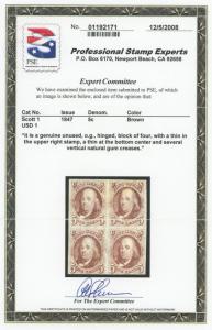 USA #1 BLOCK OF 4 VF-XF OG LH (APP.) WITH PSE CERT CV $50,000