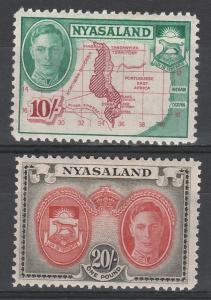 NYASALAND 1945 KGVI MAP AND ARMS 10/- & 20/- TOP 2 VALUES