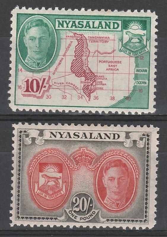 NYASALAND 1945 KGVI MAP AND ARMS 10/- & 20/- TOP 2 VALUES