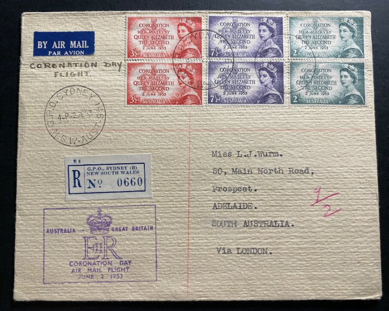 1953 Sydney Australia Cover To Adelaide Queen Elizabeth II Coronation Flight 