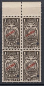 Ecuador 1925 1s Dark Brown Fiscal Revenue Specimen Block MNH. Olamo 318