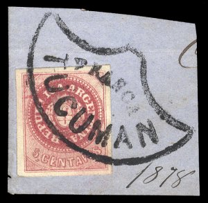 Argentina #7C, 863 5c rose, without accent over U', tied to small piece by n...