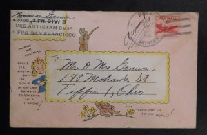 1952 USA Airmail Cover USS Antietam FPO San Francisco to Tiffin OH Drawing Art