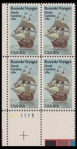 US 2093 Roanoke Voyages North Carolina 1584 20c plate block LL (4) MNH 1984