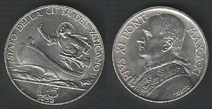 1932 Vaticano Pio XI Lire 5 silver FDC-MS65