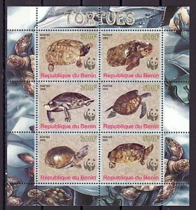 Benin, 2008 Cinderella issue. Turtles sheet of 6. W.W.F. Logo.