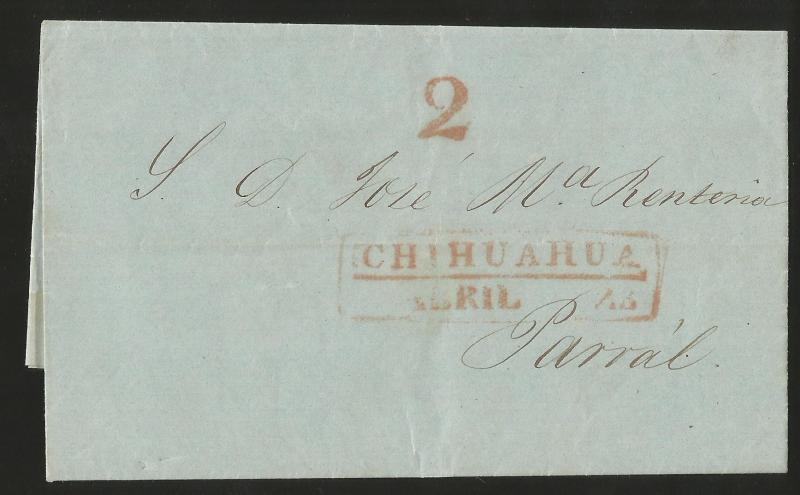 J) 1853 MEXICO, PRESTAMP, RED BOX, COMPLETE LETTER, INTERIOR MAIL WITHIN CHIHUAH