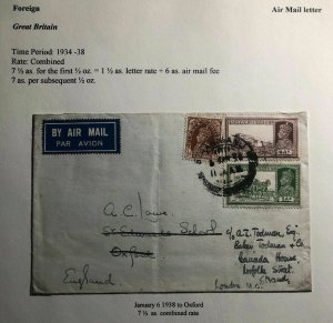 1938 India Early Airmail Cover To Oxford England