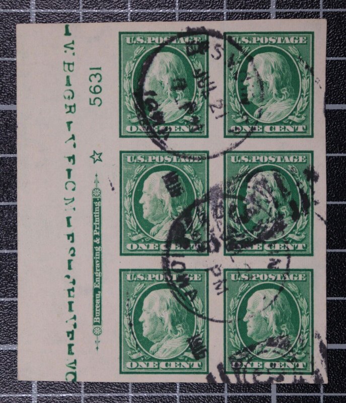 Scott 383 1 Cent Franklin Used Plate Block Left # 5631 Sideographers Initials