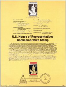 USPS SOUVENIR PAGE U.S. HOUSE OF REPRESENTATIVES COMMEMORATIVE STAMP 1989