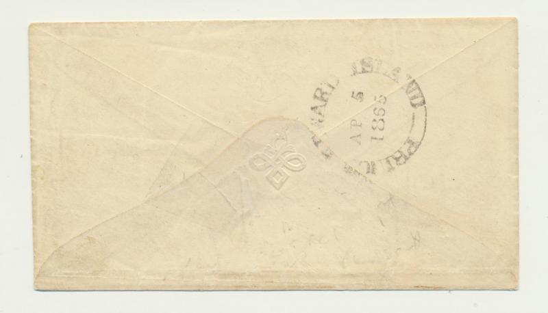 PRINCE EDWARD IS 1865 COVER, BARRED+MANUSCRIPT CANCELS RE-USED Sc#5(SEE BELOW