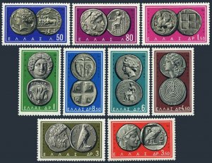 Greece 750-758, MNH. Michel 808-815. Ancient Greek coins, 1963. Animals, Birds.