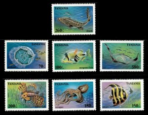 Tanzania 1995 - Marine Life Sharks Fish - Set of 7 Stamps - Scott #1404-10 - MNH