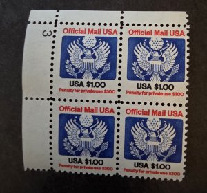 US Stamps Scott O132 One Dollar Plate Block Great Seal MNH OG Unused T20651