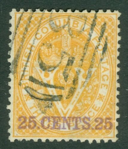 SG 31 Canadá, British Columbia 1868-71. 25c Amarillo, Marca de Agua CC. muy bien.. 