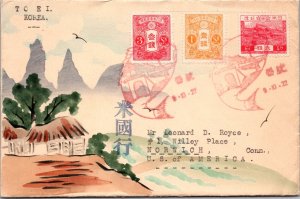 1935 Korea Japan Karl Lewis Hand Painted Cover to Norwich CN USA Fish Cancel