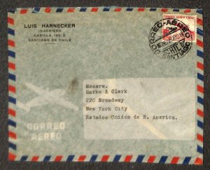 CHILE C186 STAMP MARKS & CLERK SANTIAGO TO NY AIRMAIL COVER 1957