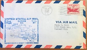 US C33 First Flight Cover FFC AM 87 Durham NC to Roanoke VA 4/23/1948 L19