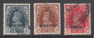 India, Nabha Sc 69,70,90 used. 1936-38 3 diff KGVI with NABHA ovpts, F-VF 