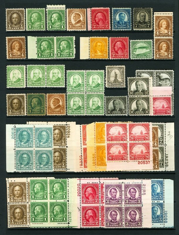 #551-#699 1925-1931 1/2c-25c Asst Regular Issues Singles, Pairs, Blks & PL # MNH