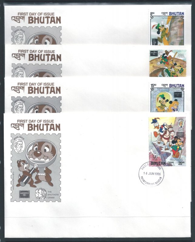 Bhutan #553-6 (4 FDC) Disney - Twain/Grimm Ovptd. Ameripex