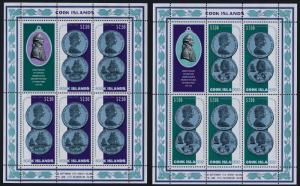 Cook Islands 406-7 Sheet MNH Coins on Stamp, Ship, Queen Elizabeth, Captain Cook