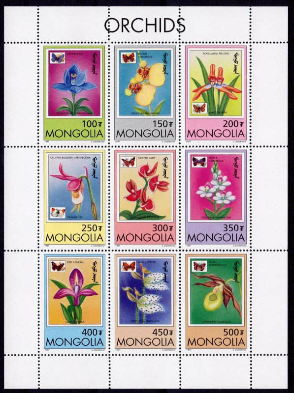 Mongolia 1997 Sc#2269/2279 Butterflies-Orchids Sheetlet (9) + 2 S/S MNH