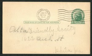 1921 Philadelphia PA Postal Card Mount Airy Station Alta Friendly Society 1c