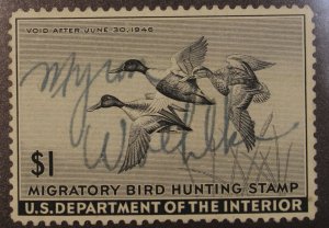 Scott RW12 - 1945 $1.00 Duck Stamp - Used - Well Centered - SCV - $25.00