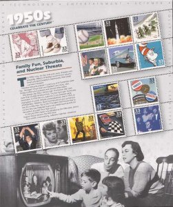 US Stamp 1999 Celebrate the Century 1950s 15 Stamp Sheet #3187