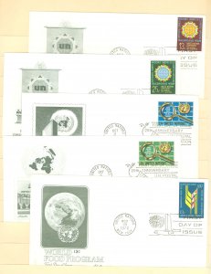 United Nations 276-77/278-79/280 1976 Habitat, UN Postal Admin, food FDCs, artmaster cachets; 5 different FDCs, U/A