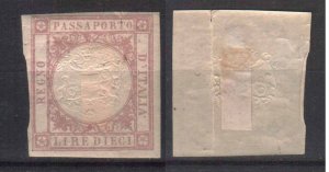 KINGDOM ITALY   FISCAL REVENUE TAX PASSPORT  STAMP  c. 1860s, MH