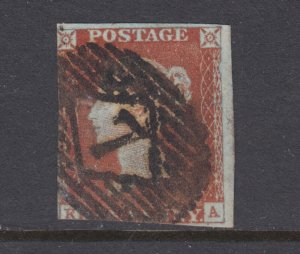Great Britain Sc 3, 1841 PENNY RED on blue paper, 7 in grid cancel, sound, K-A