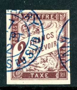 France 1884 Colony General Issues Postage Due 2 Fr Brown Imperf Sc #J13 VFU L88