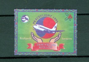 Iceland. Poster Stamp 1995. Peace Flight. Reykjavik-Sarajevo. Airplane.