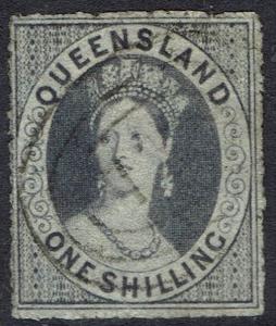 QUEENSLAND 1860 QV CHALON 1/- WMK SMALL STAR ROUGH PERF 14 - 16 USED 