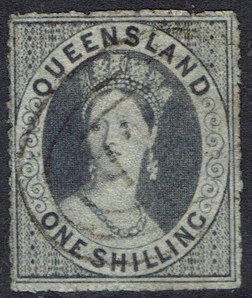 QUEENSLAND 1860 QV CHALON 1/- WMK SMALL STAR ROUGH PERF 14 - 16 USED 