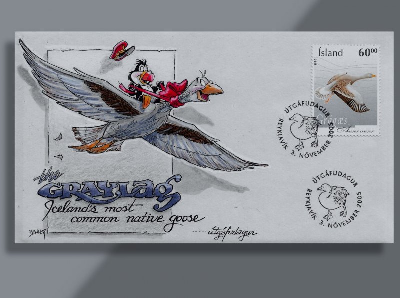 Graylag Goose Spreads Its Wings on Handcolored Iceland FDC from Puffin Cachets