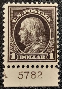 Scott Stamp# 518 - 1917 $1 Franklin MNH, OG. Plate# Single. SCV $95.00