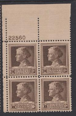 878 Jane Addams MNH Plate block - #22560 UL