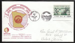 U.S. 1106 Minnesota Statehood 1958 Twin City Pencil FDC