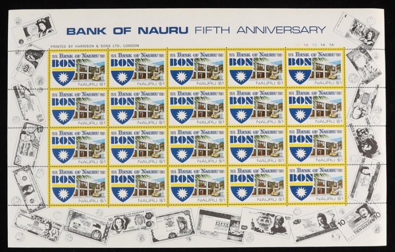 NAURU : 1981 Bank of Nauru $1 sheet of 20 with world banknotes. MNH **. 