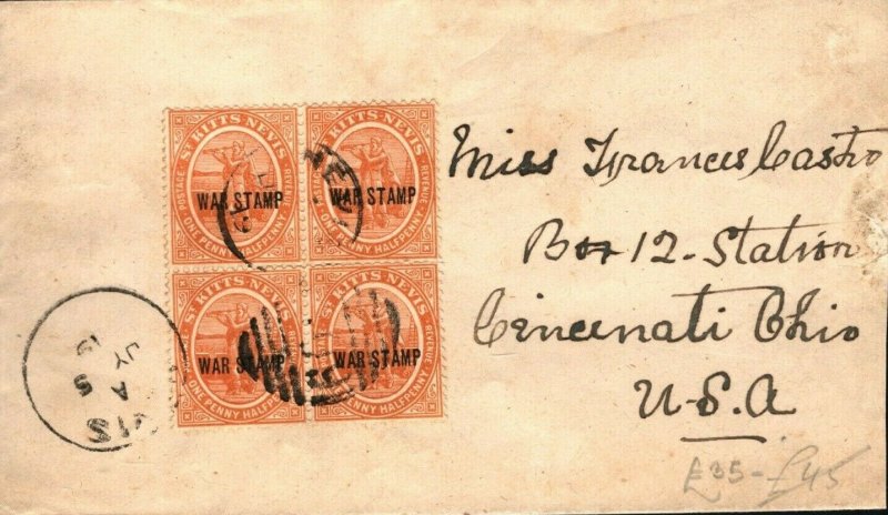 ST KITTS Cover 1½d Block{4} WAR TAX Overprint USA Cincinnati 1919{samwells}PB324