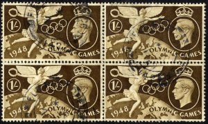 SG498b 1/- Olympic Variety Spot Below 9 in a used Block (creased)