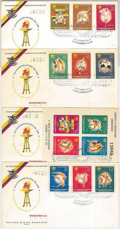 56578 - COLOMBIA - set of 4 FDC COVERS: TENNIS football BOXING Basketball 1961