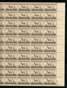 1078 Wildlife Conservation Antelope Sheet of 50 3¢ Stamps 1955
