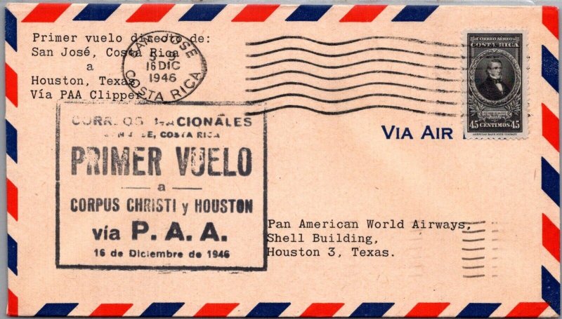 COSTA RICA 1946 POSTAL CACHET FIRST FLIGHT AIRMAIL COVER VIA CLIPPER ADDR TEXAS